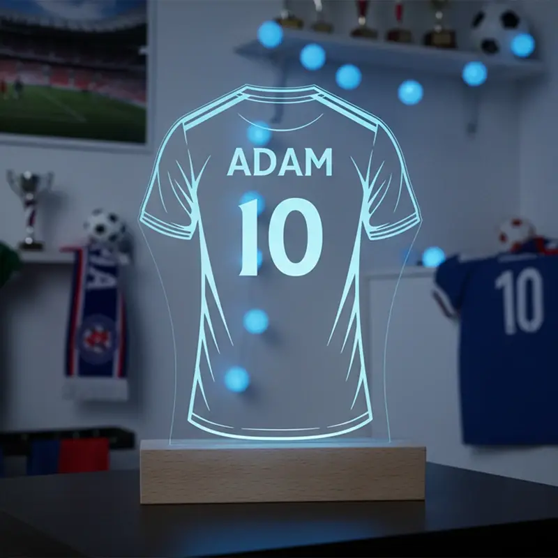 Lampe LED football personnalisée en plexiglas avec prénom et numéro