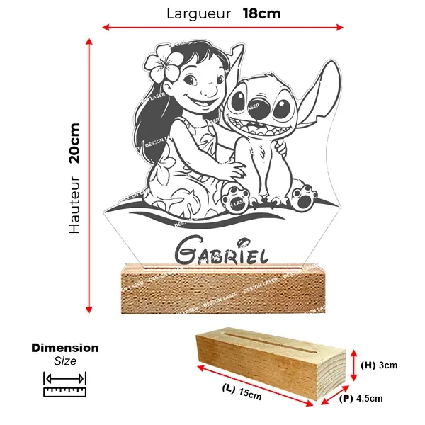 lampe veilleuse LED 3D en plexiglas représentant Lilo et Stitch, sur un socle en hêtre massif, personnalisée avec le prénom