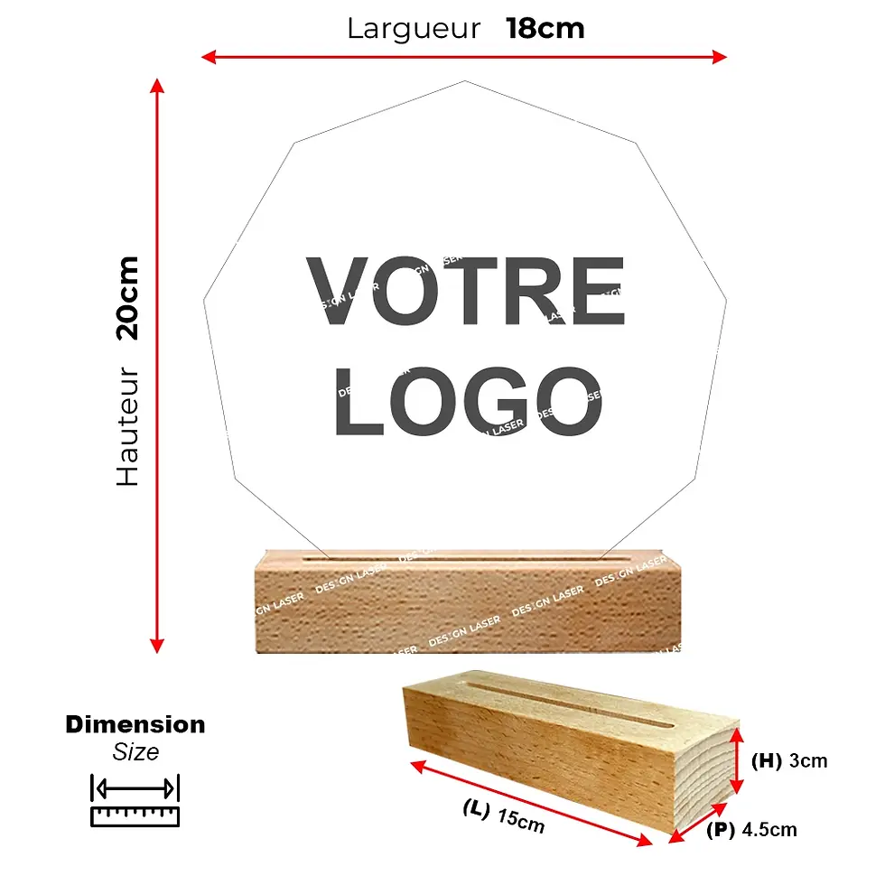 Miniature : Lampe LED personnalisée avec logo d’entreprise gravé au laser sur plexiglass transparent et socle lumineux en hêtre massif