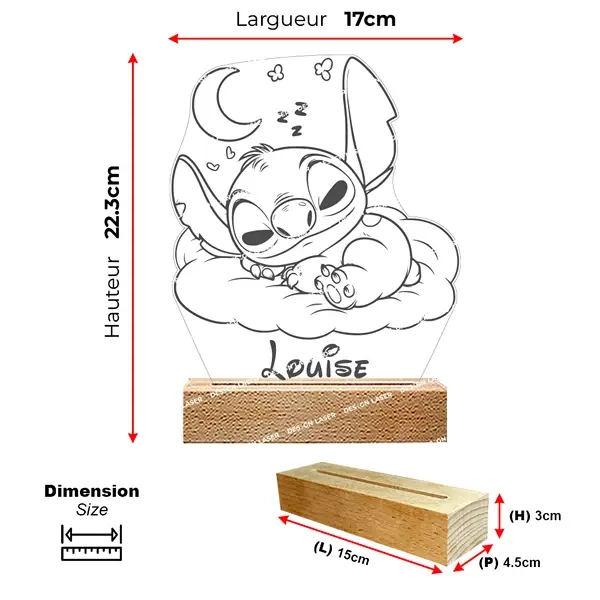 lampe veilleuse LED 3D en plexiglas représentant Stitch, sur un socle en hêtre massif, personnalisée avec le prénom