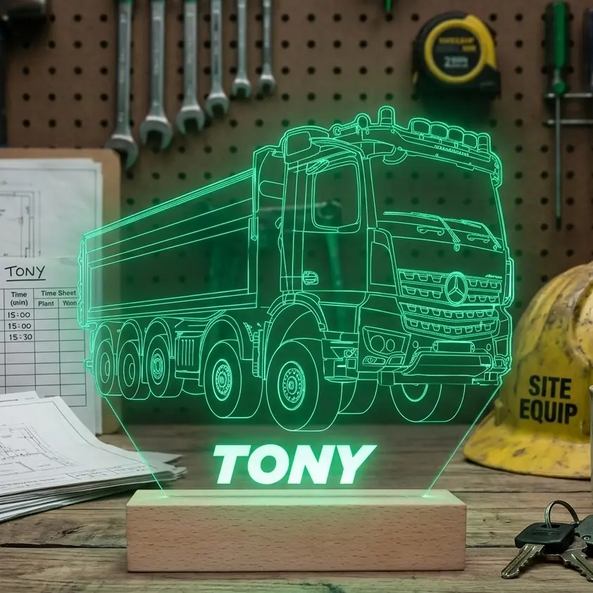 Miniature : Lampe LED cadeau représentant un camion Mercedes Arocs 5048 pour conducteur de camion de chantier, plaque en plexiglass