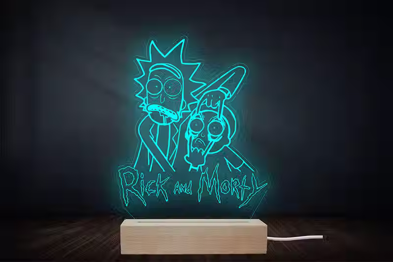 Lampe veilleuse LED gravée Rick et Morty – Socle en hêtre massif – Décoration geek et cadeau original