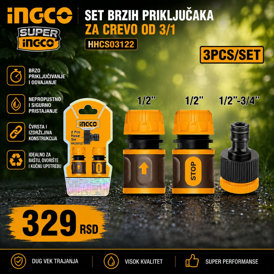 Ingco Set brzih priključaka za crevo od 3/1 HHCS03122