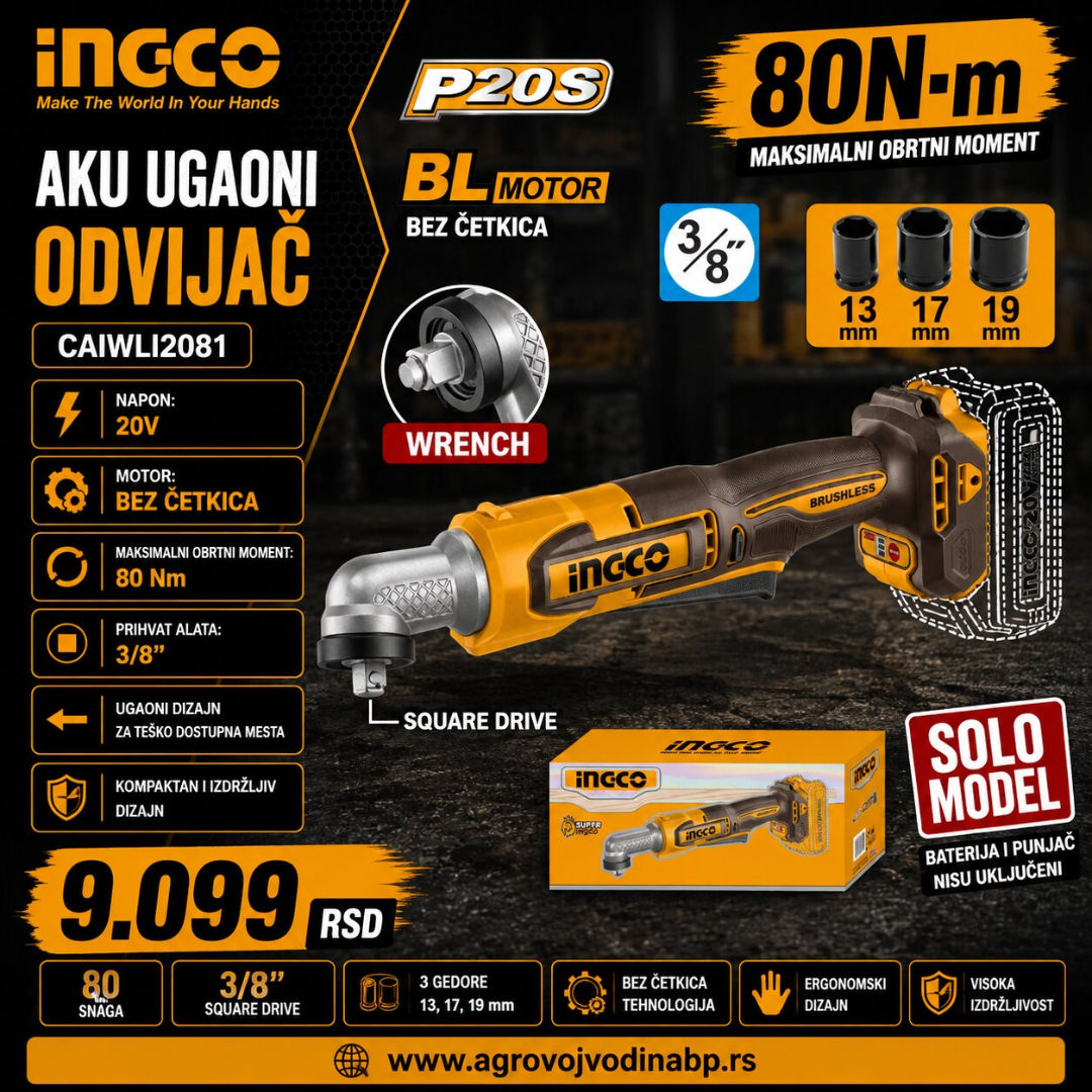 Ingco Aku ugaoni odvijač 80Nm 3/8" CAIWLI2081