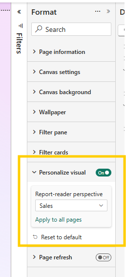 Page format settings let you pick a perspective per page to use with personalize visuals