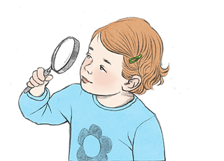 איור של ילדה אוחזת בידה זכוכית מגדלת ומסתכלת לתוכה