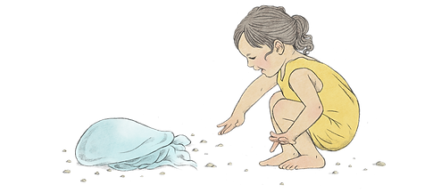 Illustration of a girl bending over and reaching for a jellyfish