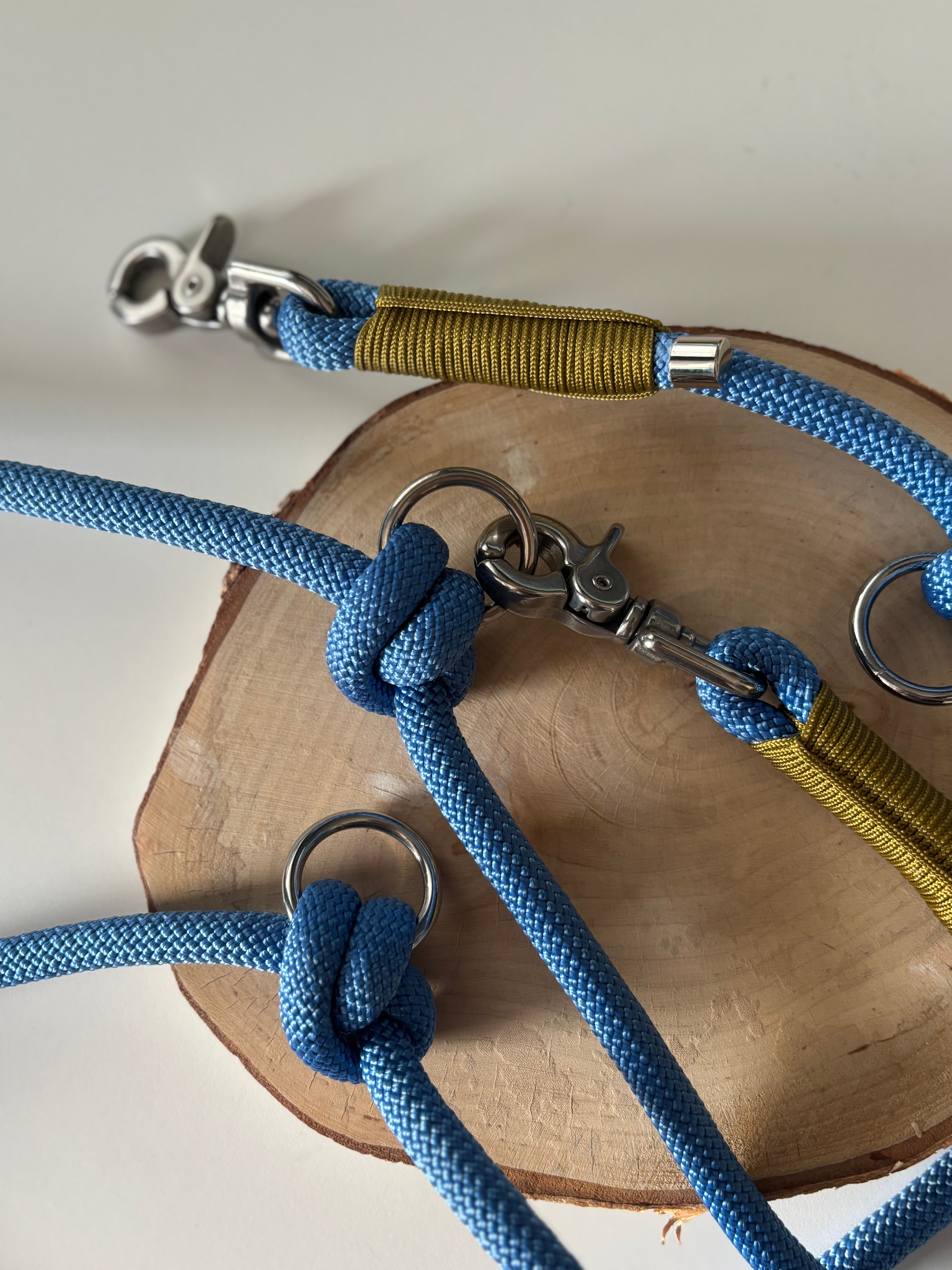 Laisse PPM 3m - Corde "BLEUE recyclée" - finition vieux or