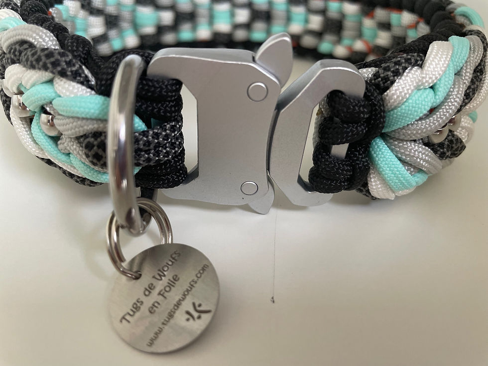 Miniature : Collier en paracorde avec perles rondes noir, gris, blanc et bleu pastel