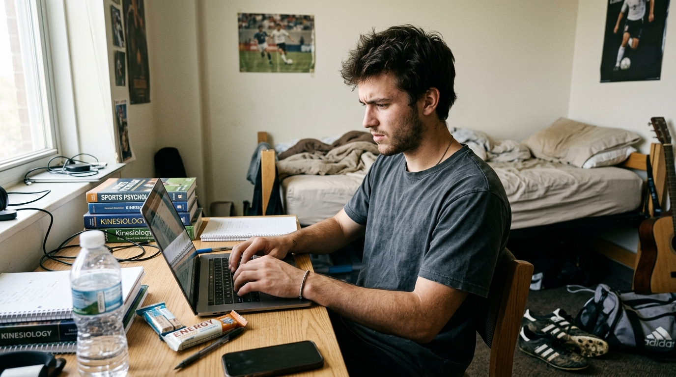 College soccer player searching for a soccer agent on his laptop