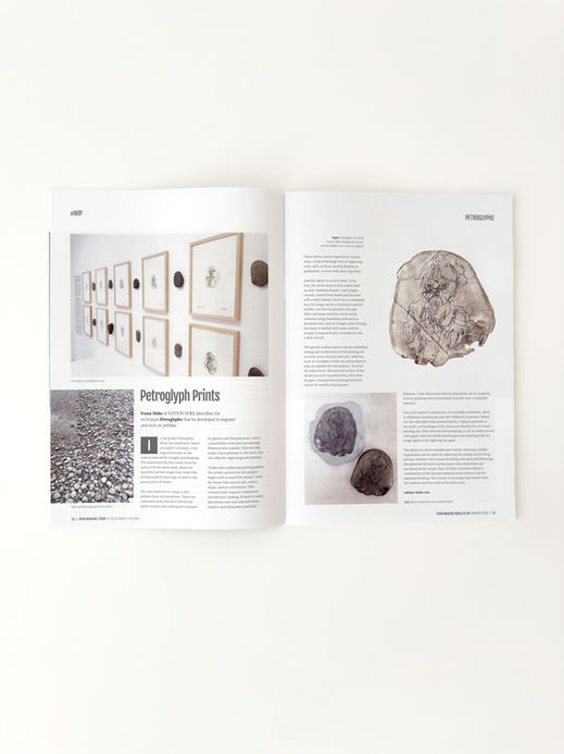 PETROGLYPHS (petro- “stone”; glýphō “engraving”—i.e., images engraved in stone) is a project of mine in which I used etched pebbles as intaglio plates to create prints. In order to be able to print the these three-dimensional stones at all, I had to develop a special process.
“Printmaking Today” reports on this in its current issue (Volume 35, Summer 2026, No. 138, pages 14-15)
A detailed scholarly article on this topic will also appear in the monograph “Printmaking in Contemporary Art – Between Materiality and Immateriality,” published by the Eugeniusz Geppert Academy of Art and Design (PL)
In addition, a few copies of the exhibition catalog “PETROGLYPHS”—124 pages; hardcover with thread-sewn binding; 21 cm x 15 cm in portrait orientation;—are still available exclusively from EDITION HOKE
