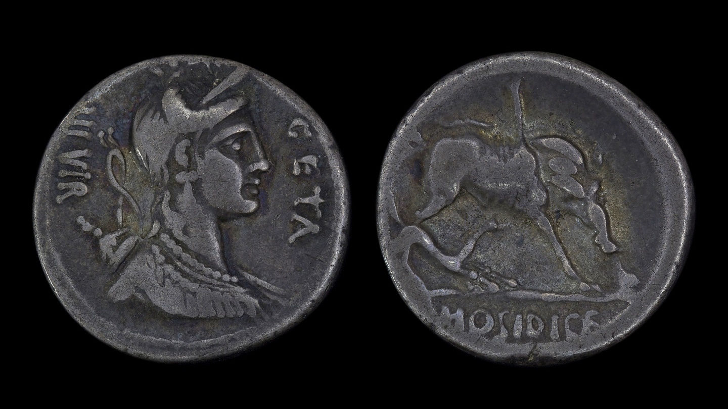 ROMAN REPUBLIC . C Hosidius Geta, 64 BC . Denarius . Calydonian Boar