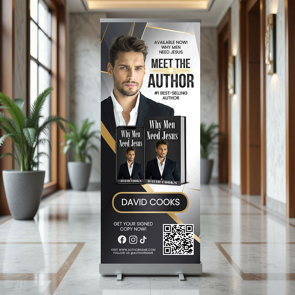 Thumbnail: Meet The Author: Soft Grey & Gold Abstract Lines Retractable Banner