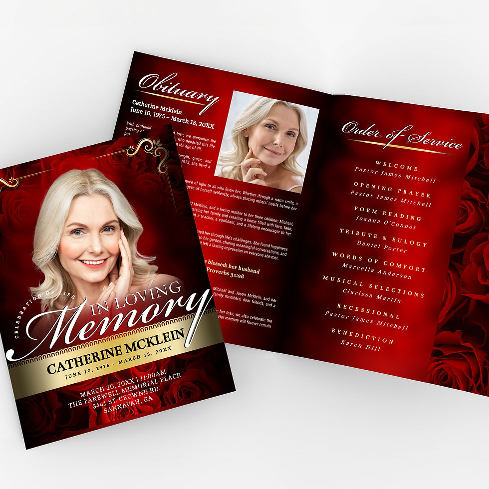 Thumbnail: Women's Obituary Program: 8-Page In Loving Memory Red & Gold Vintage Roses