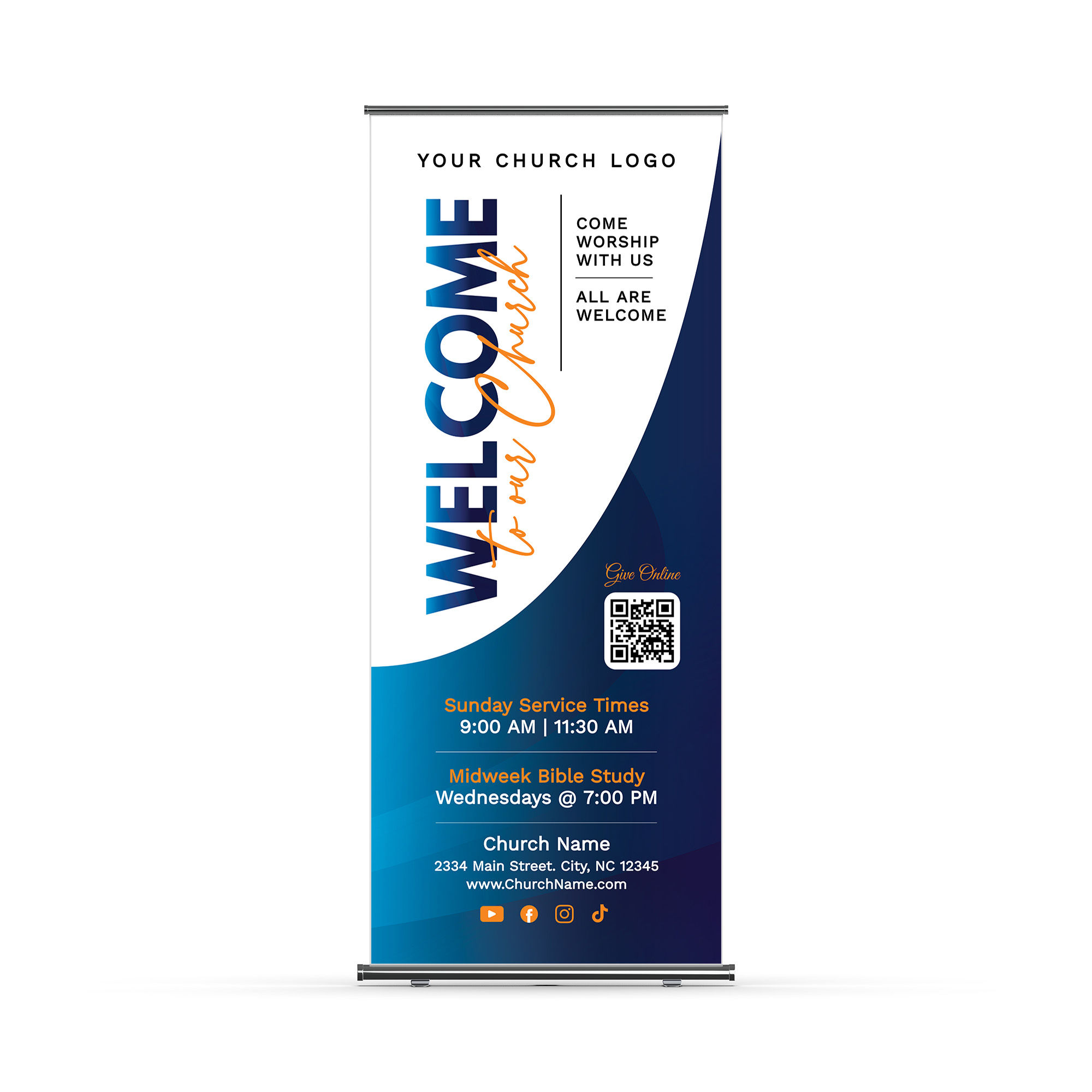 Modern Blue & Orange Welcome To Our Church Banner