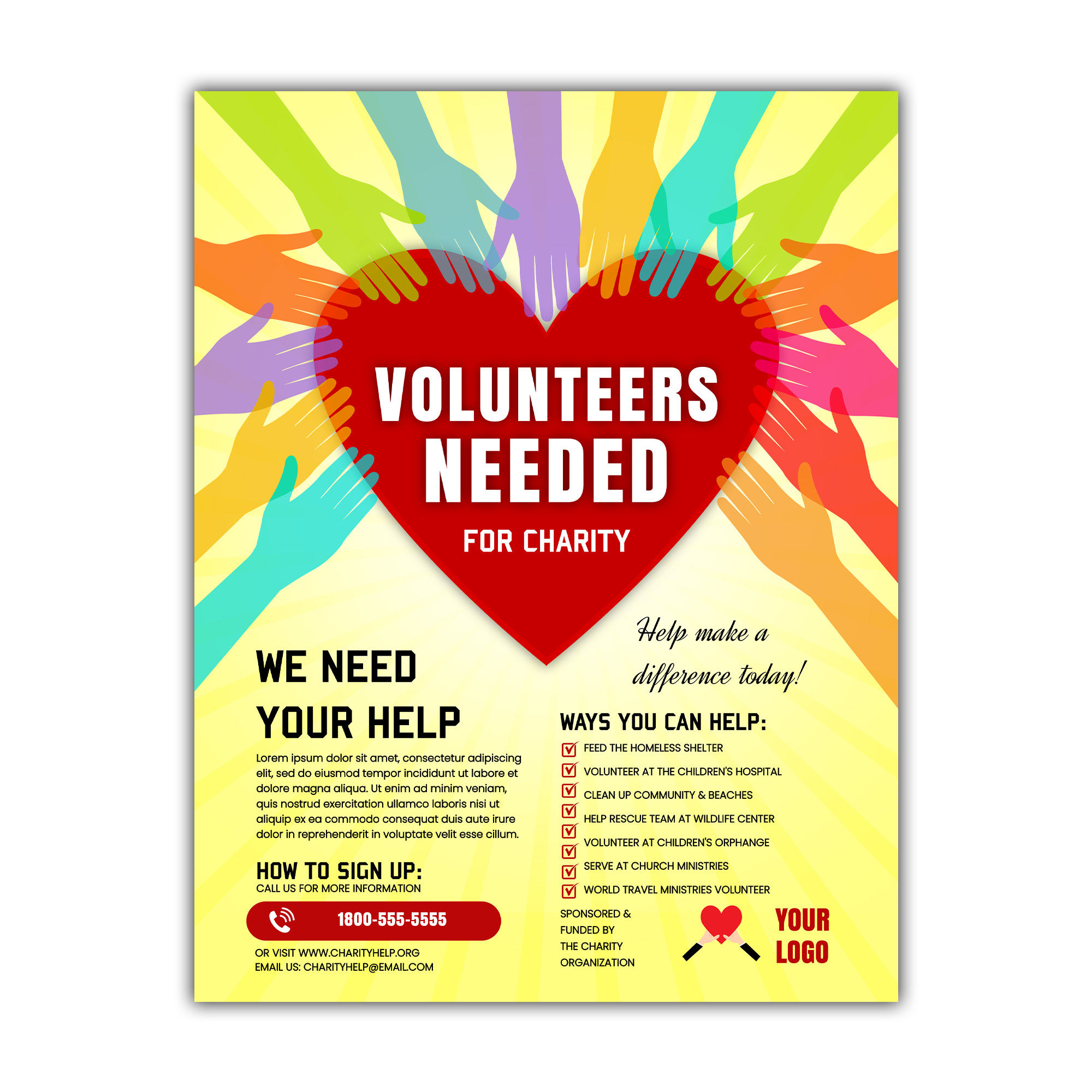 Volunteers Needed: Colorful Hands on Red Heart Yellow Flyer