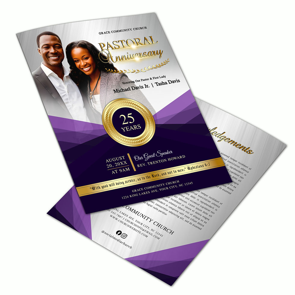 Pastoral Anniversary Program: 4-Page Elegant Purple & Gold Church Bi-Fold