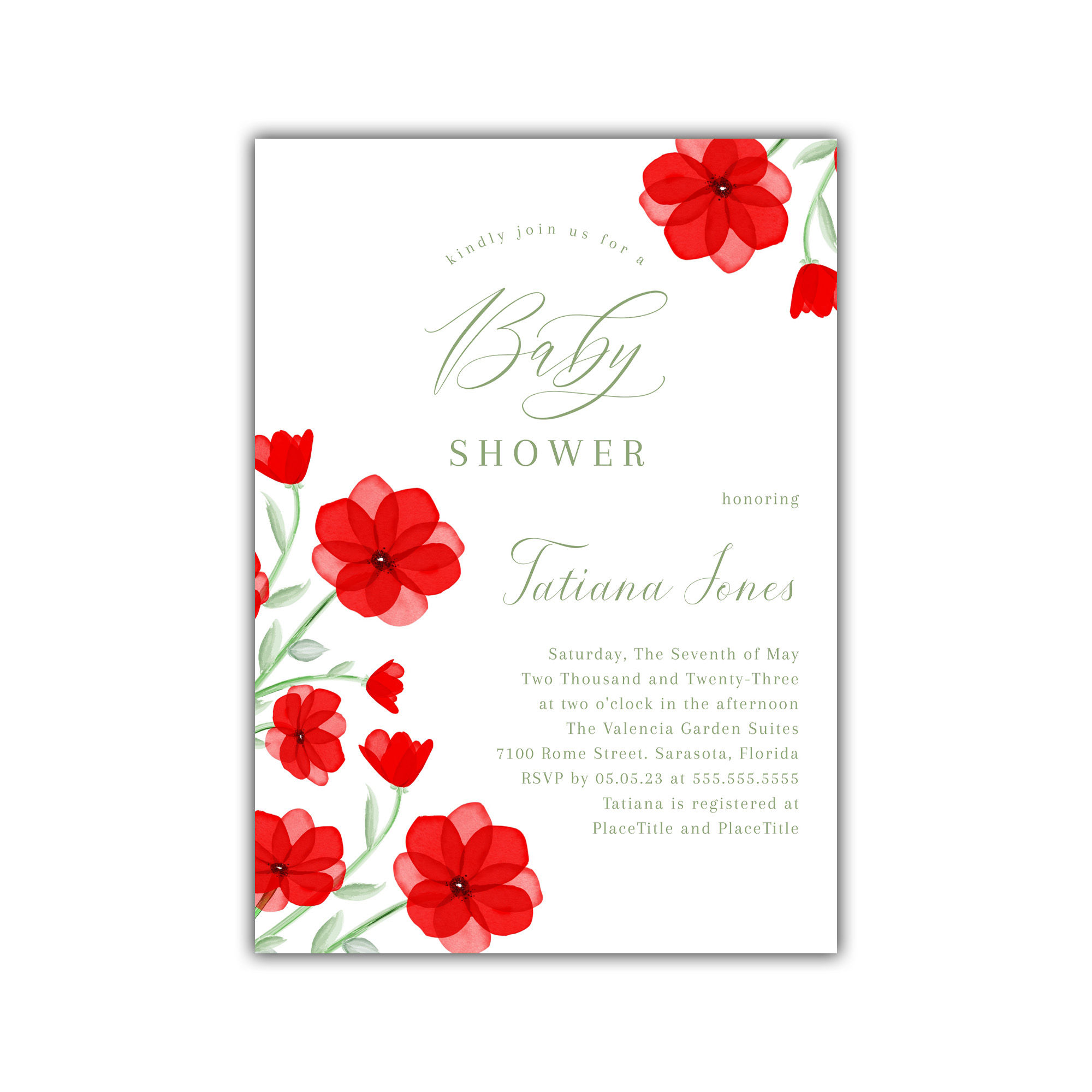 Earthy Red & Sage Poppy Floral Baby Shower Invitation