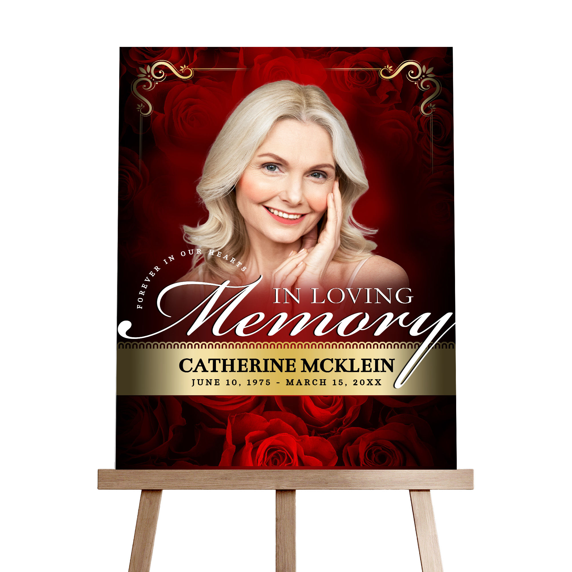 In Loving Memory Gold & Red Roses Women's Vintage Funeral Sign