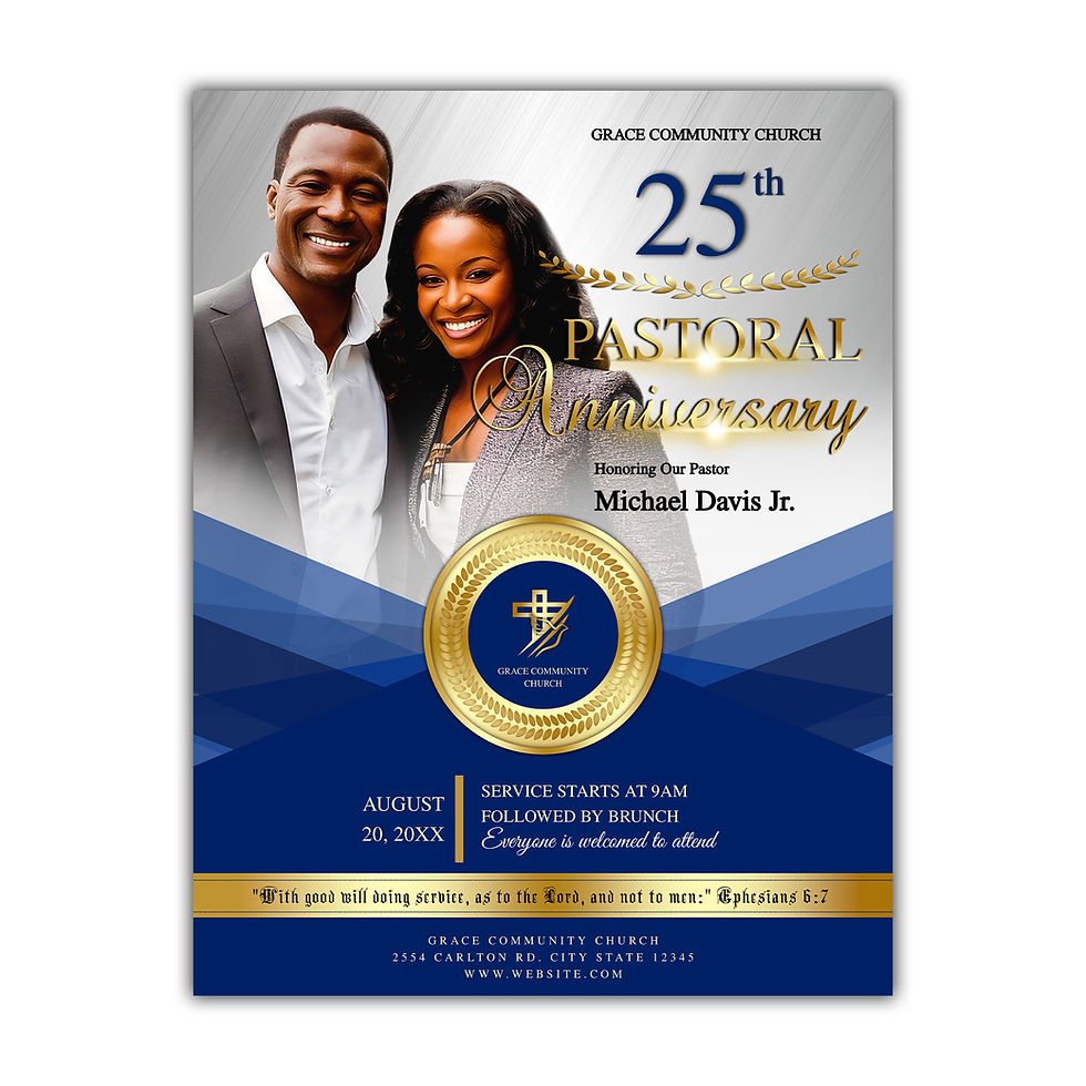 Pastoral Anniversary: Elegant Blue Grey & Gold Church Flyer