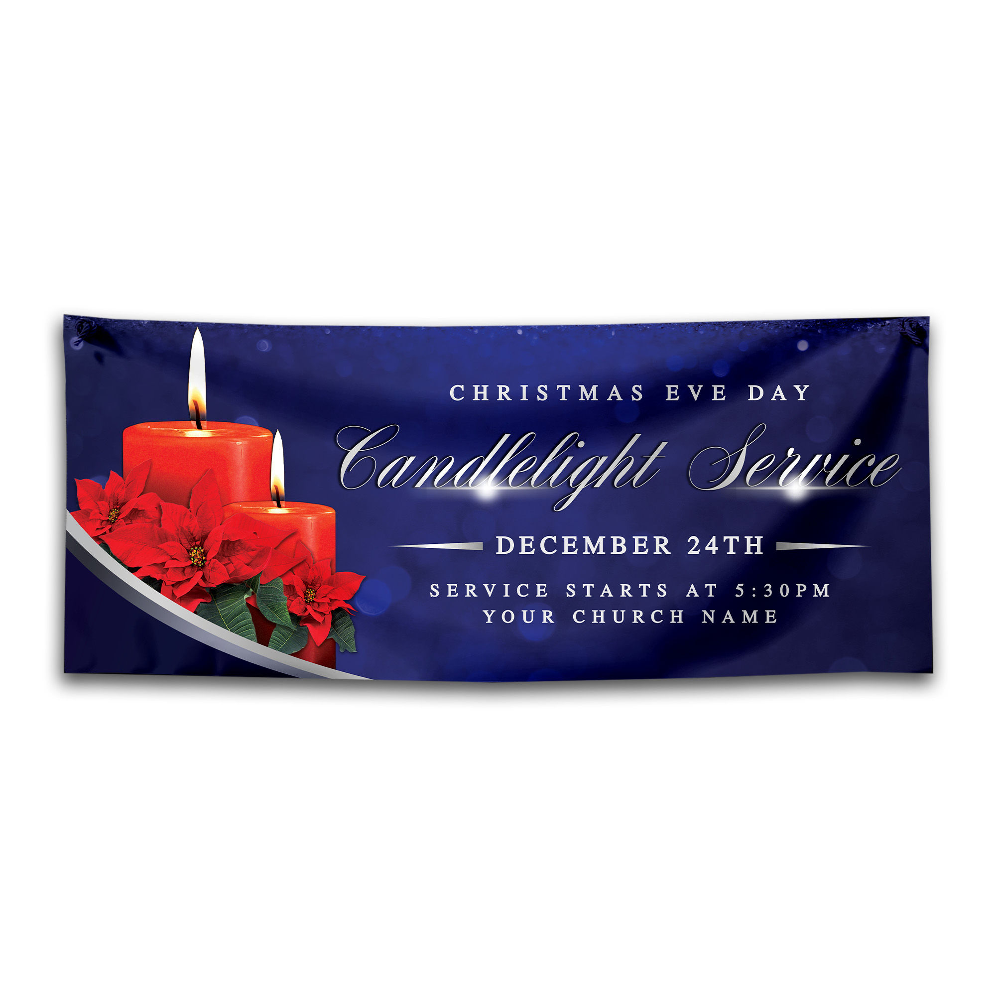 Christmas Eve Candlelight Poinsettia Floral, Blue & Silver Church Banner
