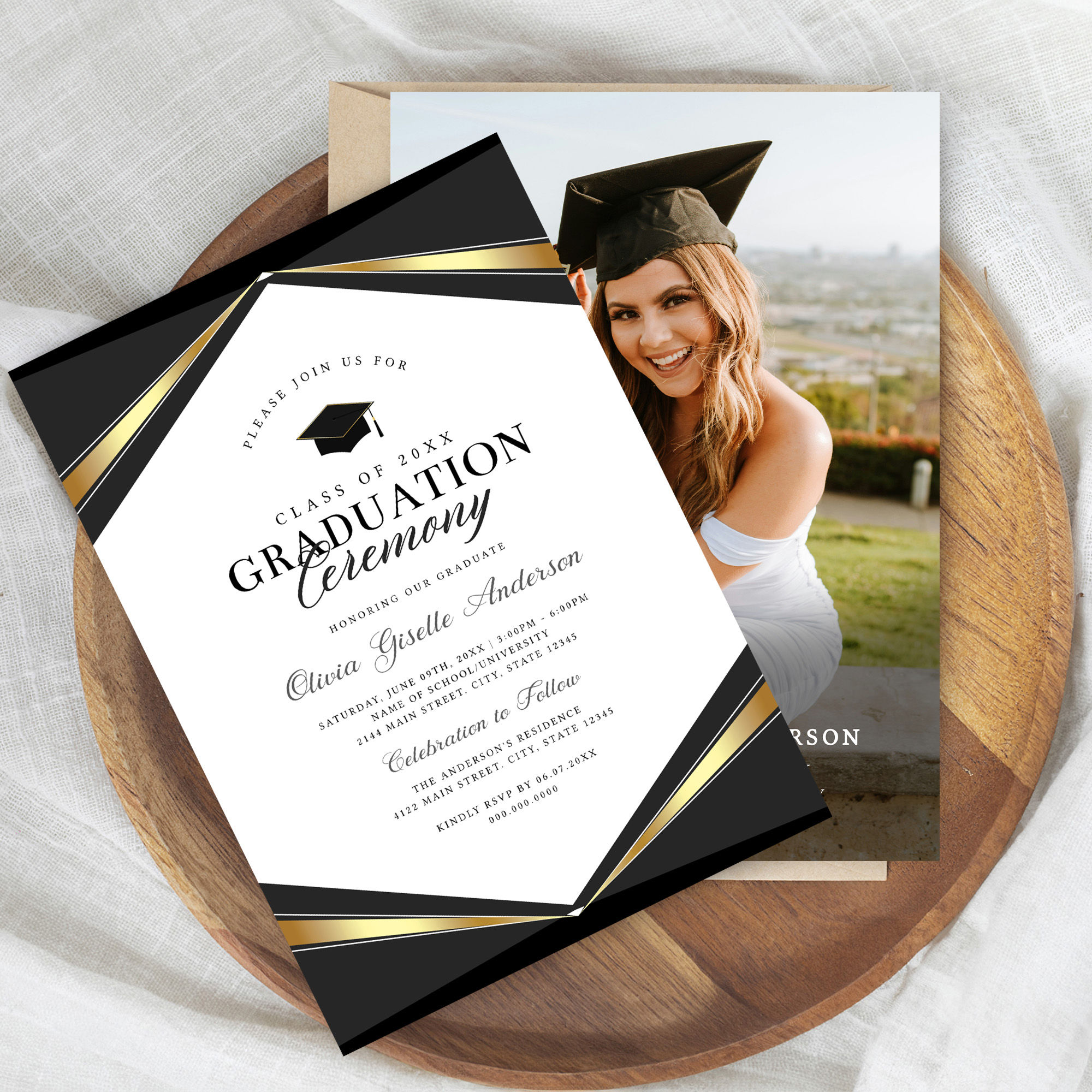 Elegant Black & Gold Graduation Invitation with Photo Template