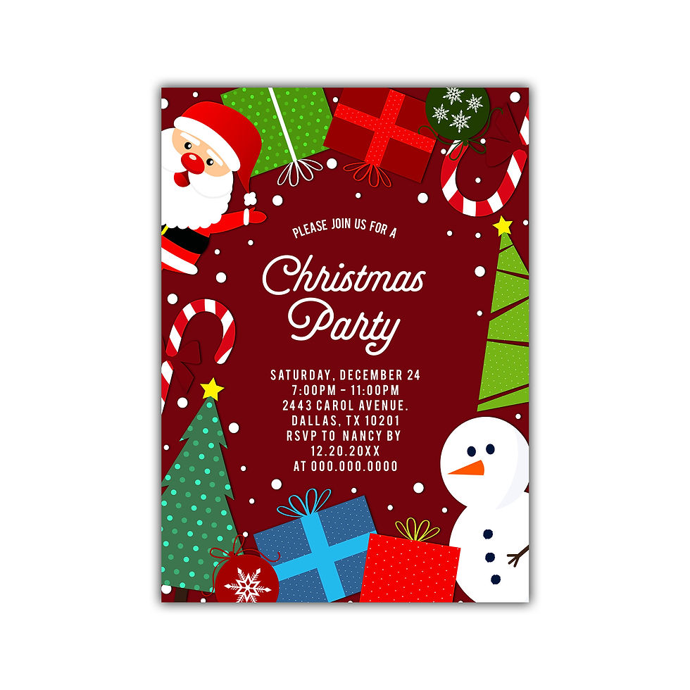 Christmas Party Red Invitation: Cute Santa, Snowman & Tree Frame