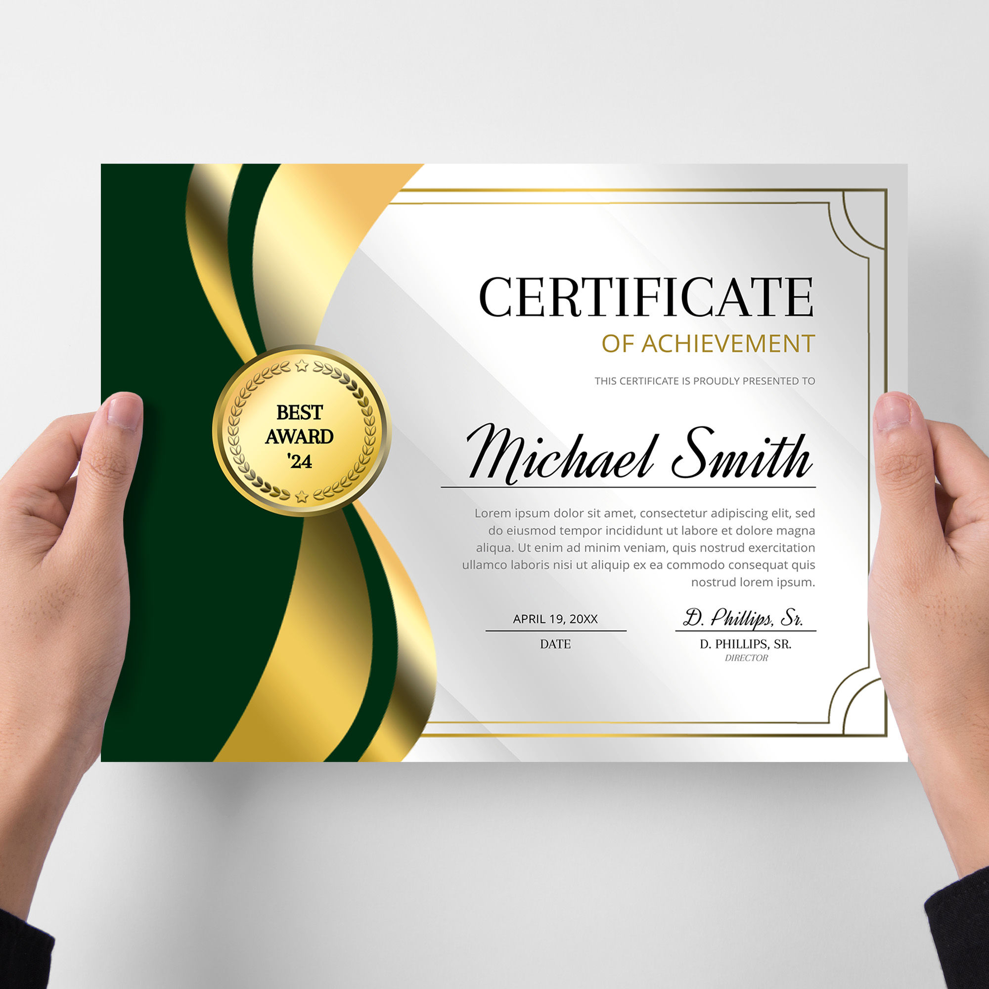 Modern Green & Gold Ribbon Certificate of Achievement Award