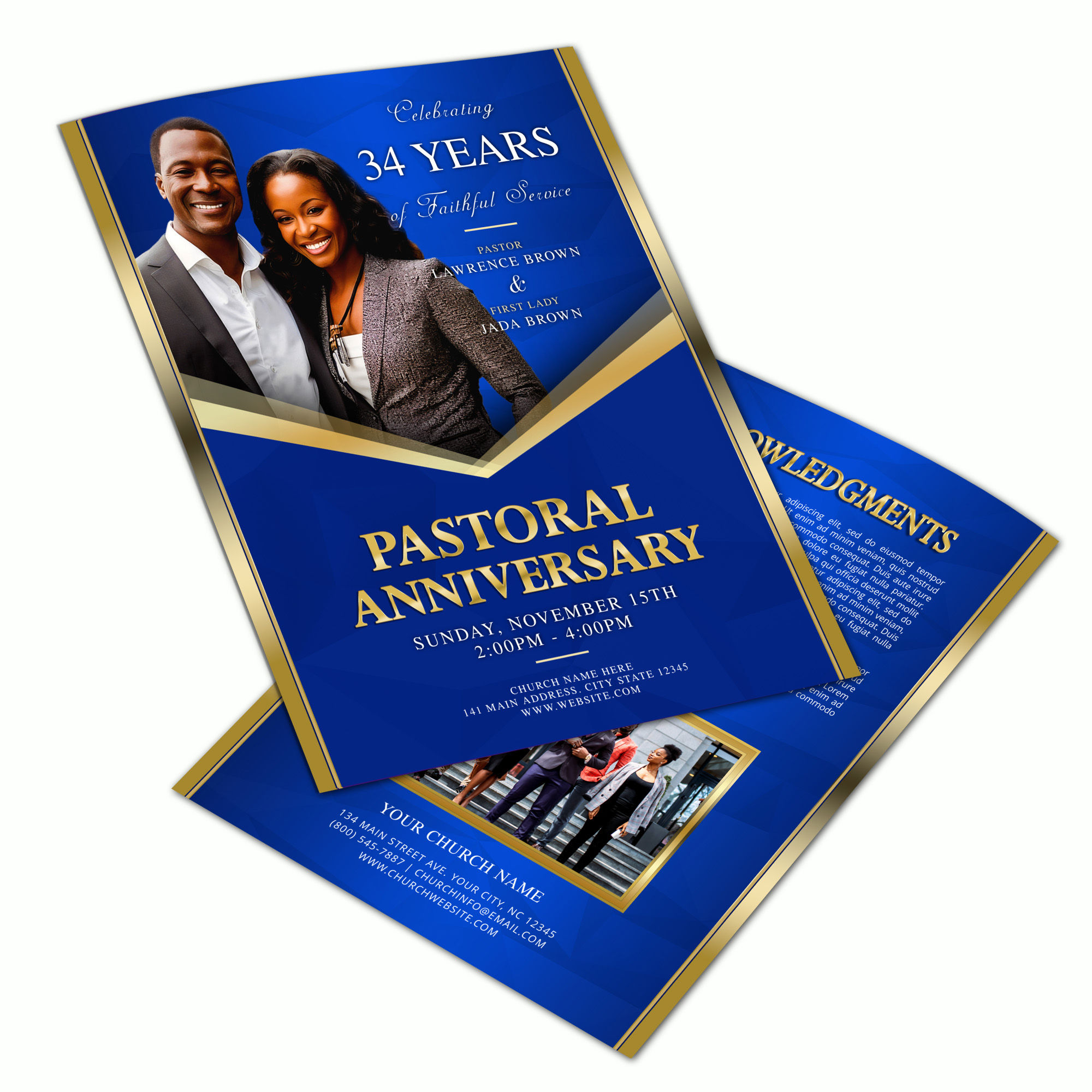 Pastoral Anniversary: Elegant Blue & Gold Frame Church 4-Page Bi-Fold