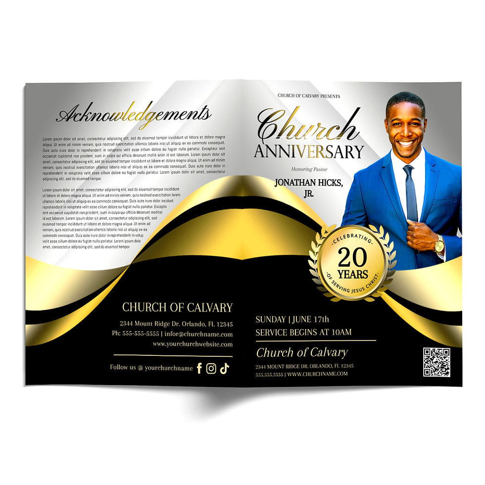 Thumbnail: Church Anniversary Program: Elegant 4-Page Black & Gold Bi-Fold