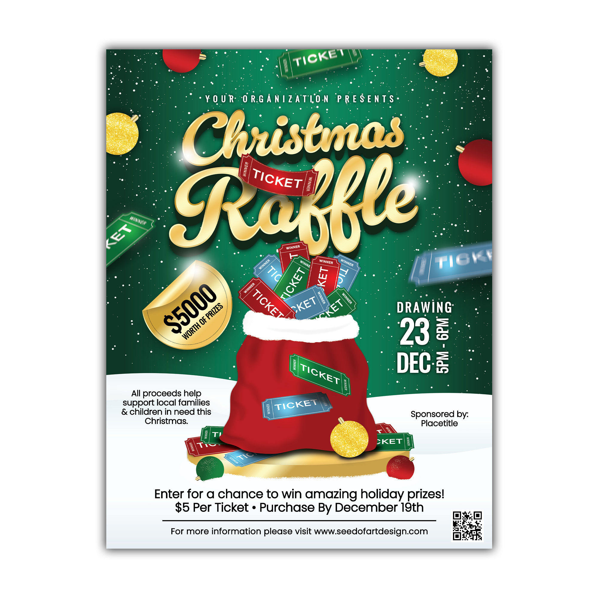 Christmas Raffle Green & Gold Holiday Ticket Sack Flyer