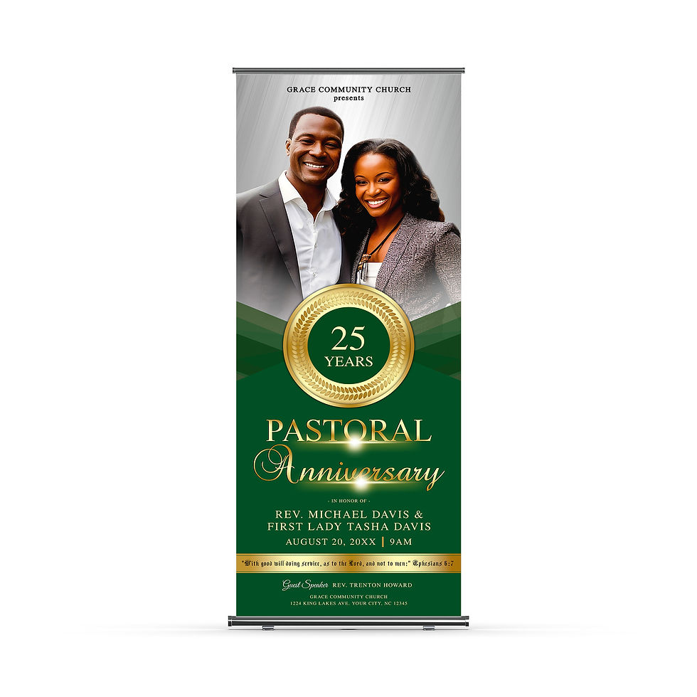 Pastoral Anniversary: Elegant Green & Gold Church Celebration Banner