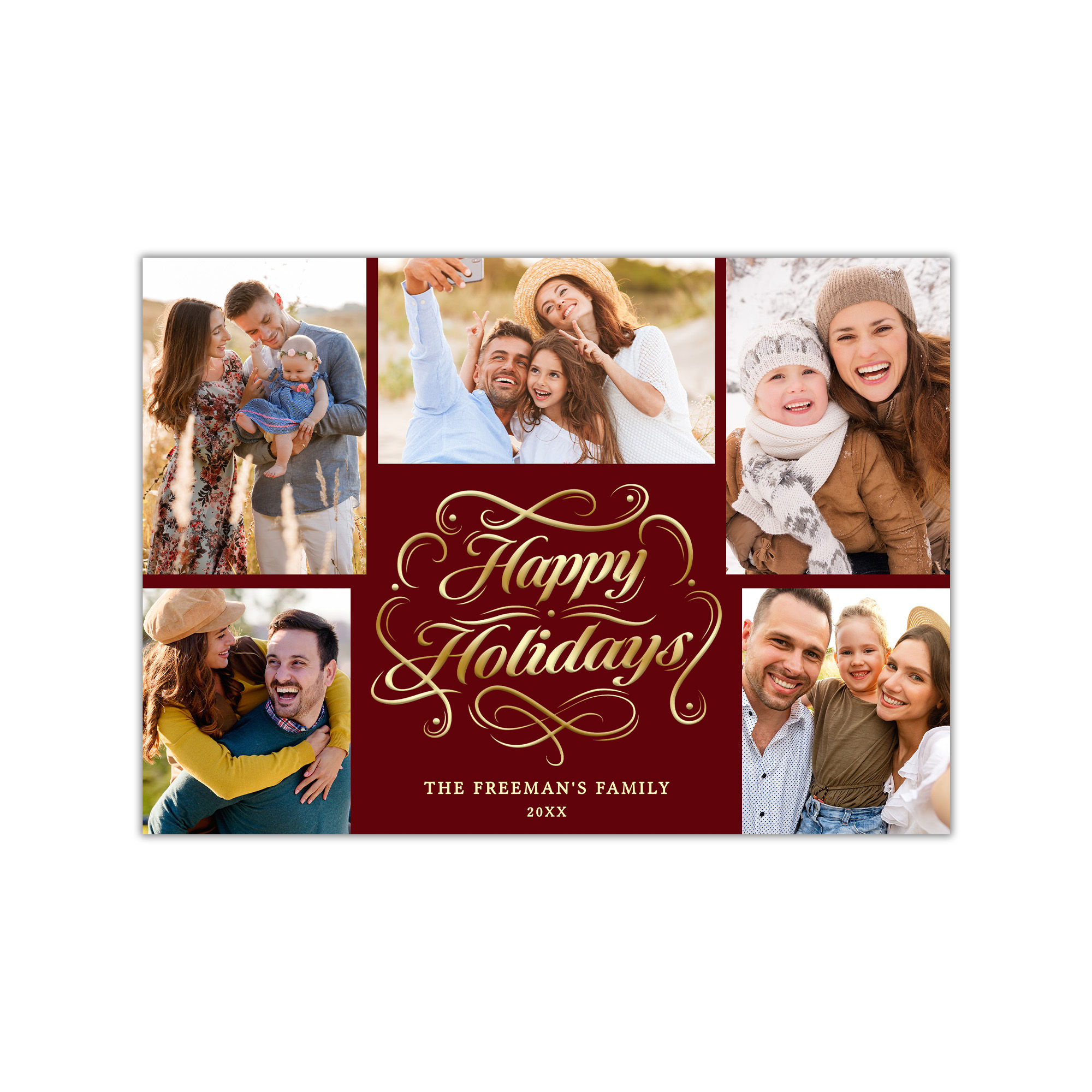 Gold Script Happy Holidays 5 Photo Collage Red Christmas Card