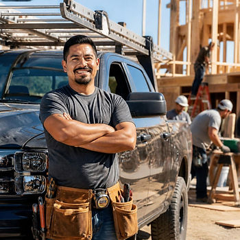 Hombre sonriente con cinturón de herramientas junto a una camioneta en una obra de madera; obreros trabajan al fondo.