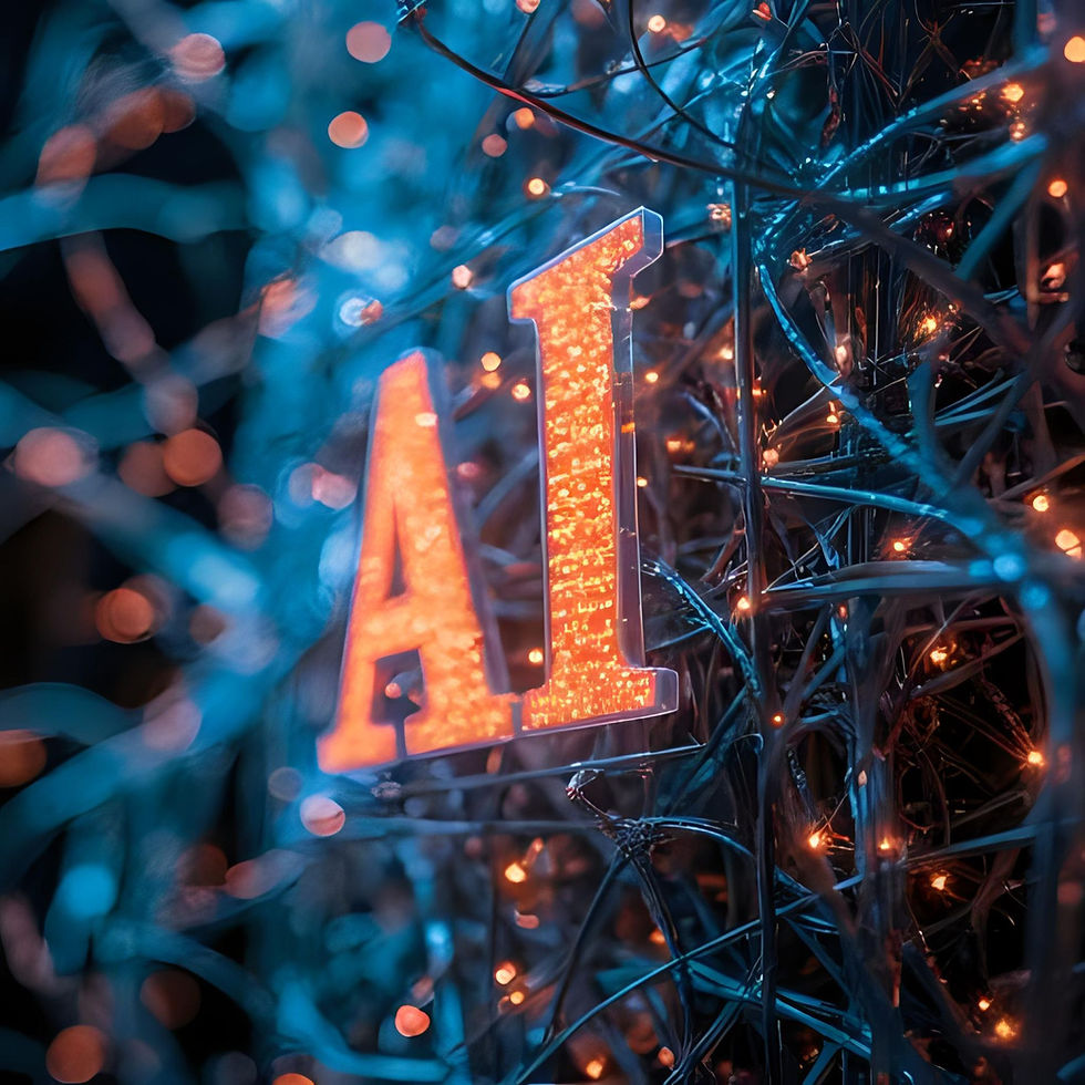 Glowing 'AI' letters in orange amid a network of wires and twinkling blue and orange lights, set against a dark background.
