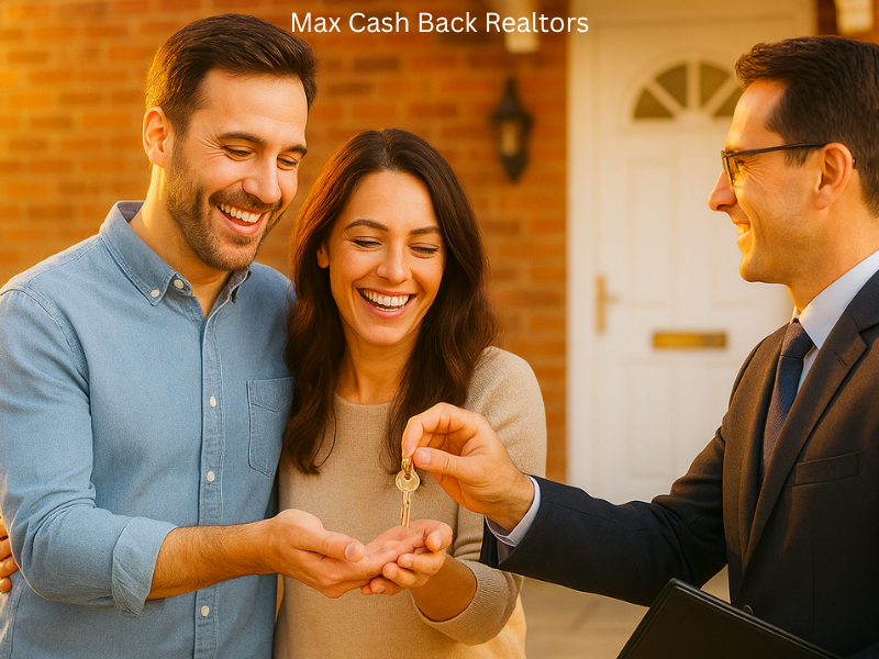 Happy couple receiving keys to their new home, representing the savings buyers can enjoy with a cash back realtor program.