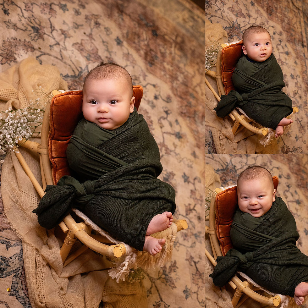 Baby wrapped in a dark green blanket, sitting in a wicker chair. Floral rug background, warm tones, calm and playful expressions as photographed by Tiffany Edwards, Newborn and Childhood Photographer in Billings Montana