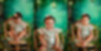 Toddler in floral dress sits on bamboo chair with greenery. Three poses: looking down, smiling, serious. Green, fairy-tale background as photographed by Tiffany Edwards, Newborn Photographer in Billings, Montana.