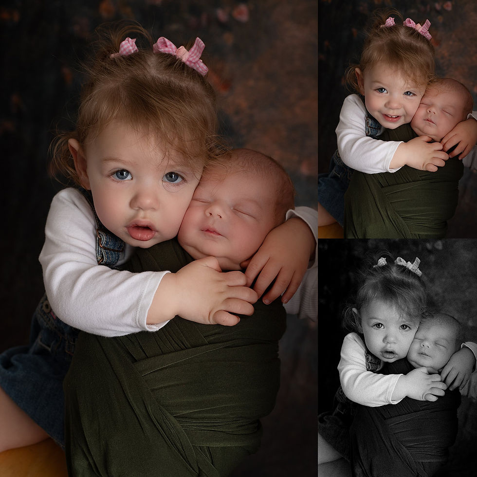 Newborn baby boy swaddled in green photographed with his big sister by Tiffany Edwards, Newborn Photographer in Billings Montana at Billings Open Studio in downtown Billings MT