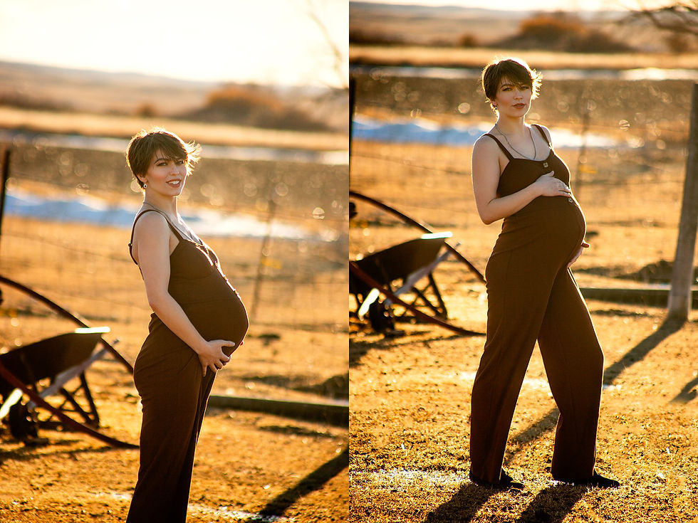 Maternity Photography expectant mother in brown romper photographed in Ballantine, MT by Tiffany Edwards, Newborn and Childhood Photographer