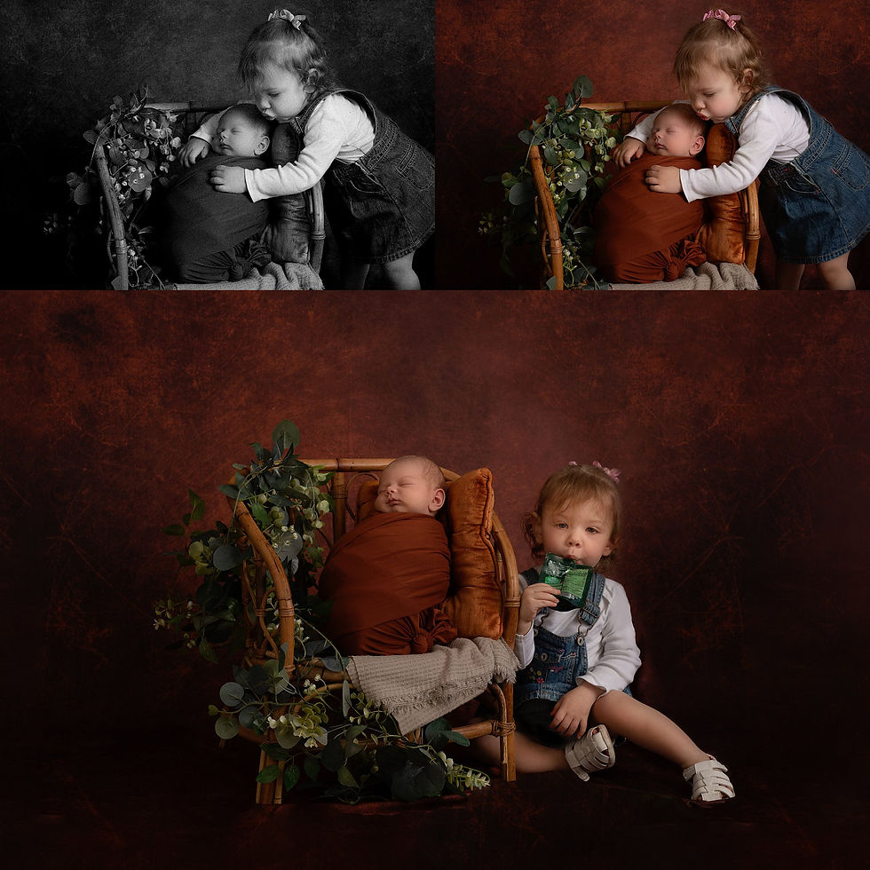 Newborn boy wrapped in rust orange photographed with his sibling by Tiffany Edwards, Newborn Photographer in Billings Montana at Billings Open Studio in downtown Billings, MT