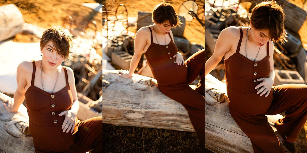Ballantine Montana Maternity Session with pregnant mom to be sitting on a log in her brown romper
