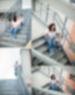 Woman and child in white shirts and jeans sit on gray staircase. Child leans on railing. Concrete and red brick visible. Relaxed mood as photographed by Tiffany Edwards, Newborn Photographer in Billings, Montana.