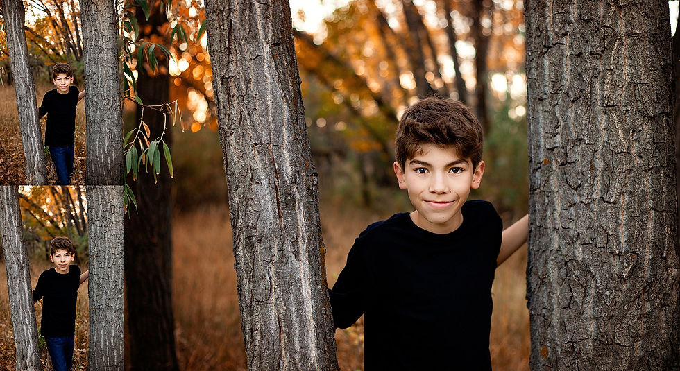 Boy in black shirt stands between tree trunks in autumn forest, smiling. Warm orange leaves in background. Multiple angles shown, as photographed by Tiffany Edwards, Newborn and Childhood Photographer in Billings Montana