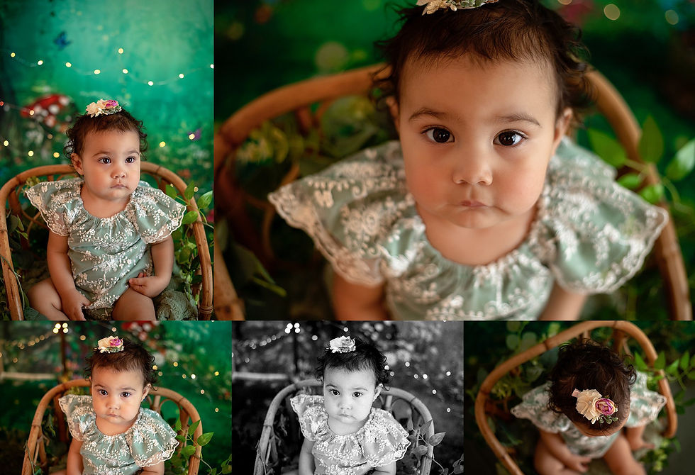 A baby sits in a bamboo chair, wearing a floral headband and lace outfit. The background is green with fairy lights, creating a whimsical mood as photographed by Tiffany Edwards, Newborn Photographer in Billings, Montana.