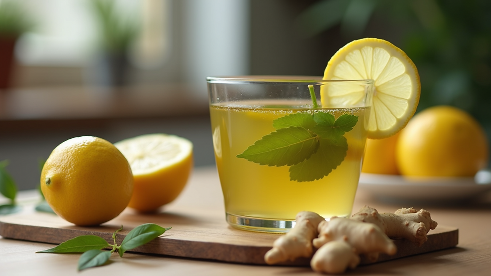 High angle view of a glass of lemon ginger green tea on a kitchen counter