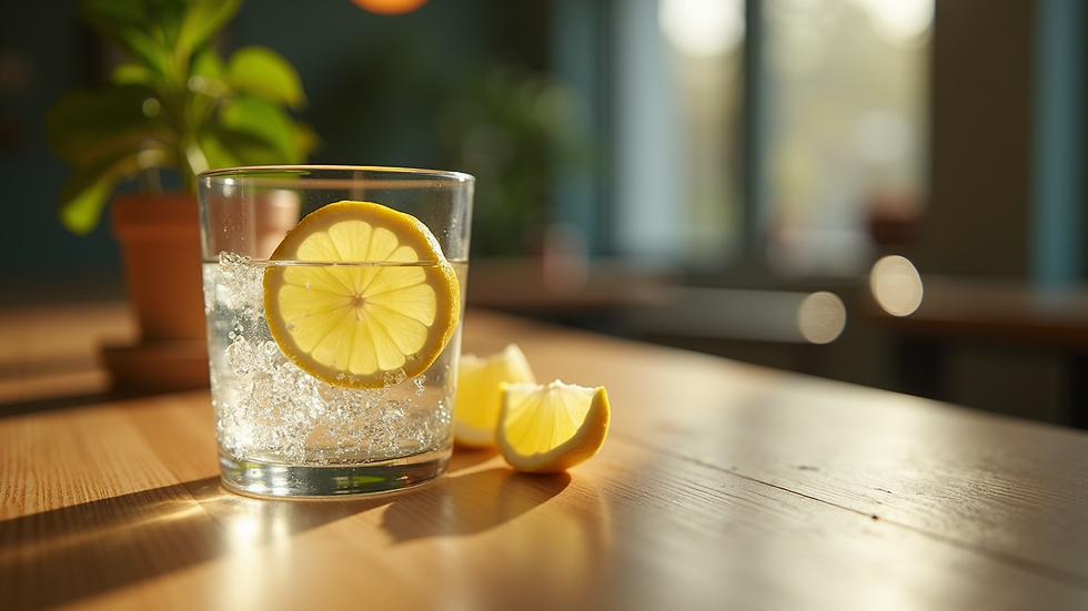 Eye-level view of a glass of lemon water on a wooden table
