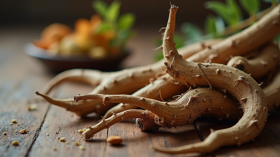 Close-up view of dried herbal roots and leaves on a wooden table