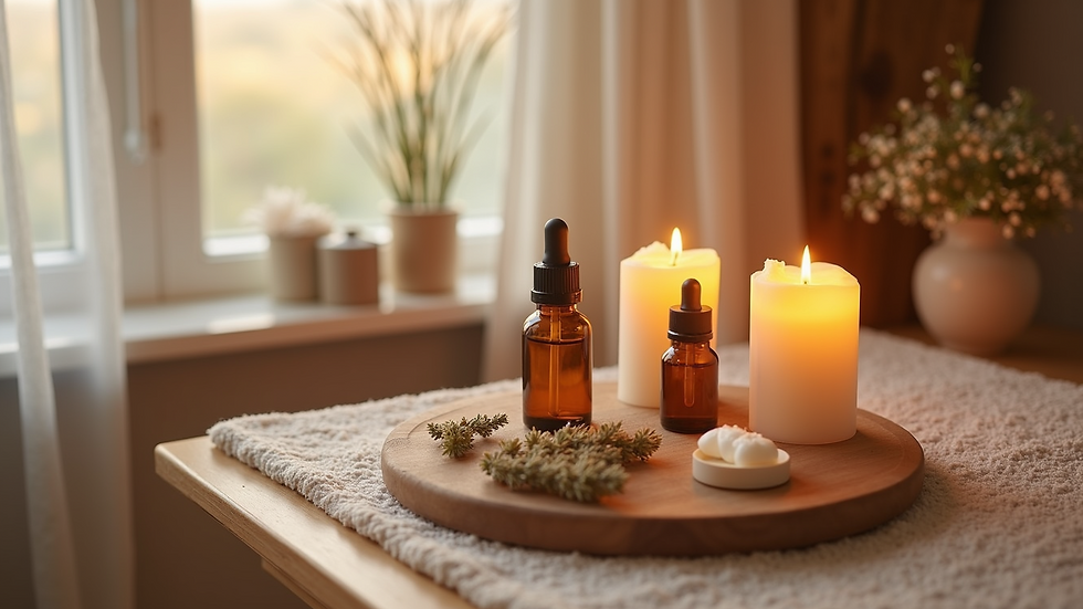 High angle view of a wellness setup with aromatherapy oils and candles