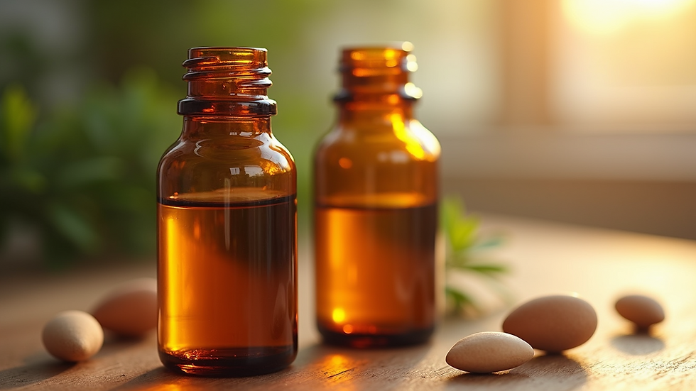 Close-up view of amber glass bottles with natural oils on wooden surface